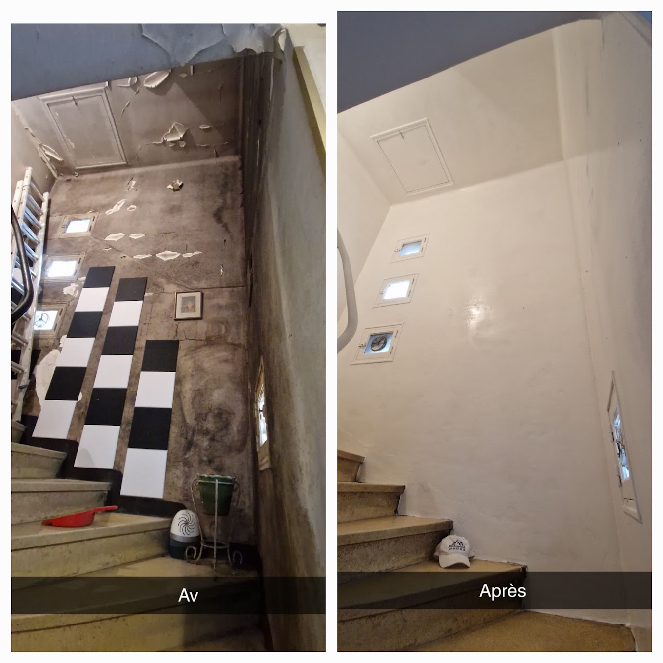 Comparatif avant/après de la rénovation d’une cage d’escalier : murs dégradés puis repeints en blanc