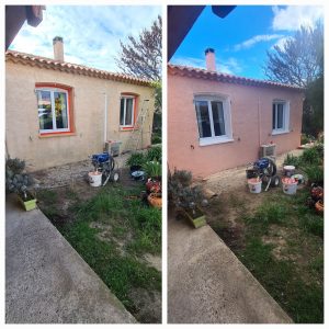 Comparaison avant-après de la façade d’une maison, repeinte du beige au rose avec fenêtres aux encadrements blancs