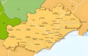 Carte de l’Hérault situant Montpellier, Béziers et les principales communes du département
