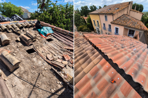 Comparaison d’une toiture endommagée et de sa rénovation avec de nouvelles tuiles