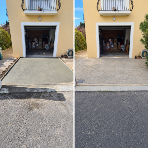 Avant et après la rénovation de l’accès pavé devant un garage