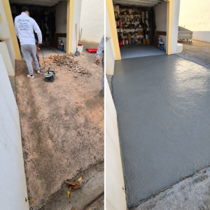 Avant et après la rénovation du sol d’un garage, avec coulage d’une dalle en béton gris lisse