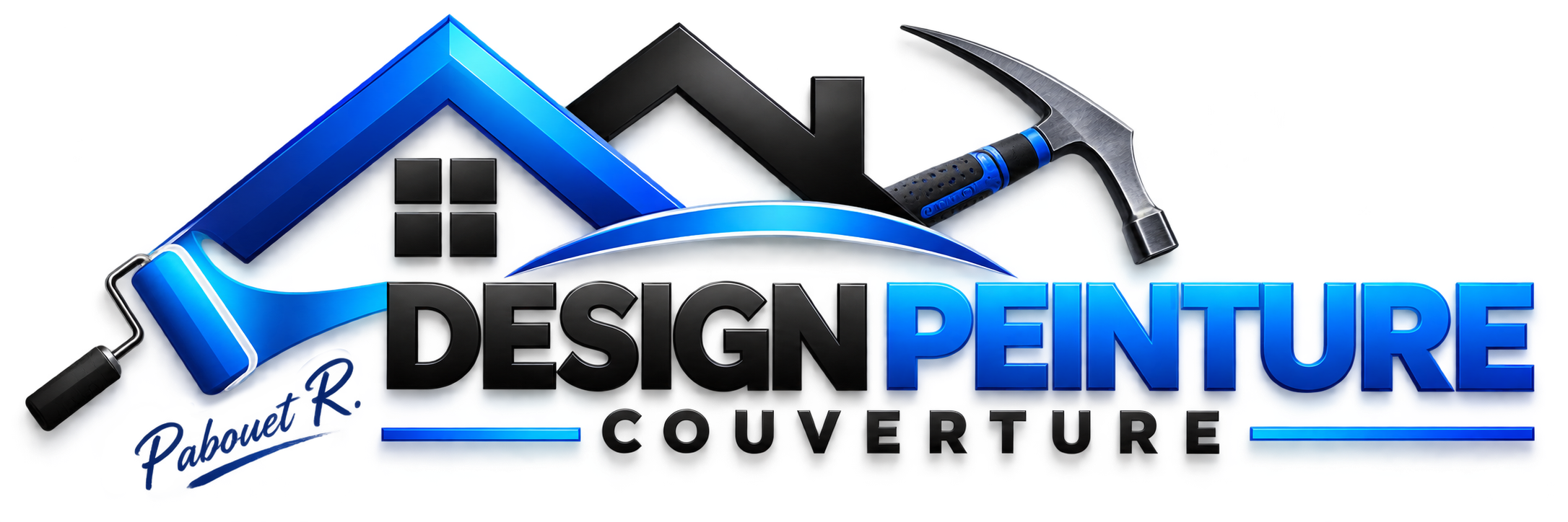 Logo « Design Peinture Couverture », avec un rouleau, un pinceau et un marteau