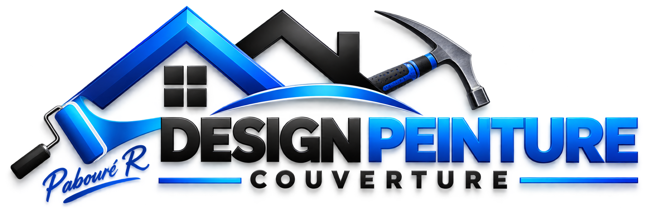Logo « DESIGN PEINTURE COUVERTURE », illustré d’un rouleau, d’un pinceau et d’un marteau