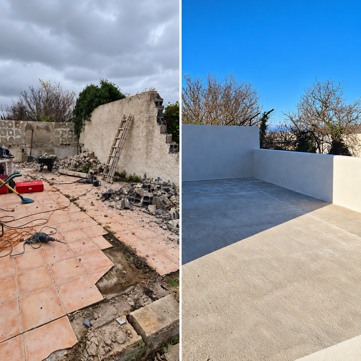 Avant et après la rénovation d’une terrasse : débris et murs endommagés à gauche, espace propre et rénové à droite