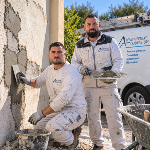 Deux ouvriers appliquent du mortier sur un mur devant un véhicule de chantier « Design Peinture Couverture »