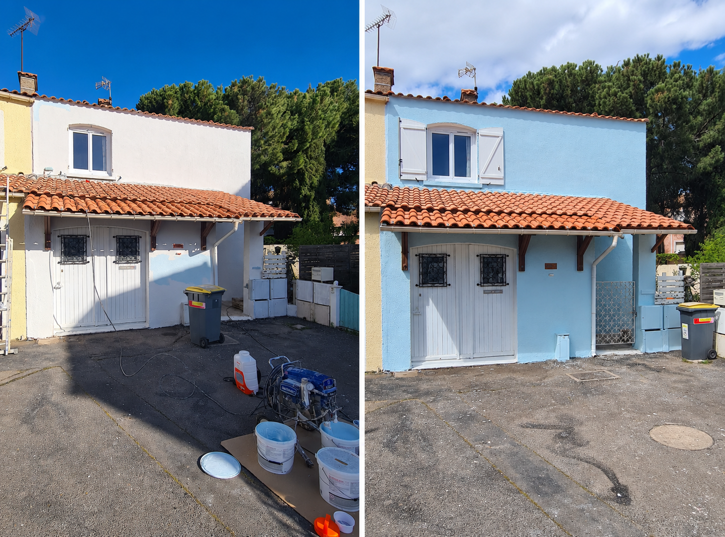 Comparaison avant-après de la façade d’une maison, repeinte en bleu clair avec volets blancs