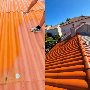 Avant-après de la rénovation d’une toiture : application d’un revêtement orange puis tuiles restaurées
