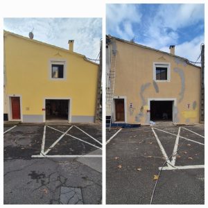 Comparaison avant/après de la façade d’un bâtiment, avant et après sa rénovation
