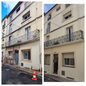 Comparaison avant-après de la rénovation d’une façade d’immeuble avec balcon en fer forgé