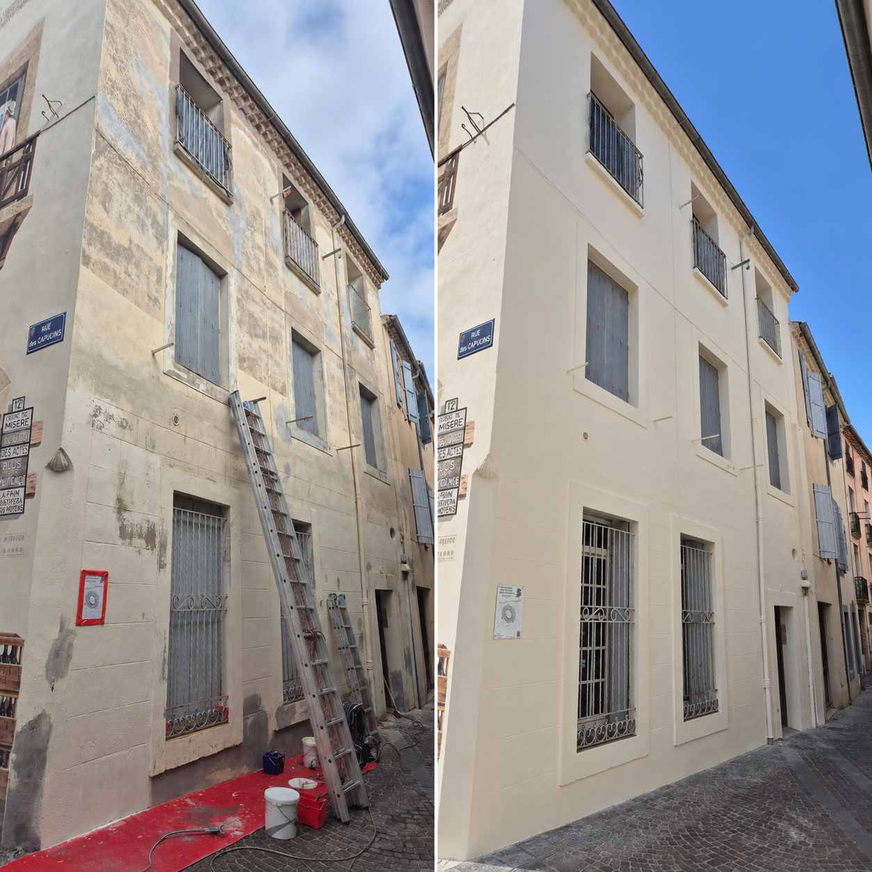 Comparaison avant-après de la rénovation d’une façade ancienne aux volets gris, dans une rue pavée