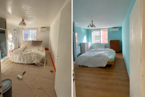 Transformation d'une chambre en rénovation, protégée par des bâches, en chambre terminée aux murs turquoise et au parquet en bois