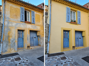 Comparaison avant-après de la façade jaune d’une maison, restaurée à droite avec volets bleus
