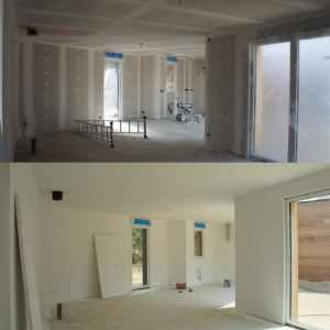 Comparaison avant-après d’une pièce en rénovation, des cloisons en plaques de plâtre à la finition blanche