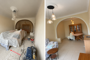 Comparaison avant/après de la rénovation d’une pièce : travaux en cours à gauche, salon rénové à droite