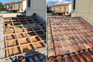 Comparaison d’une toiture en rénovation, charpente exposée à gauche et tuiles reposées à droite