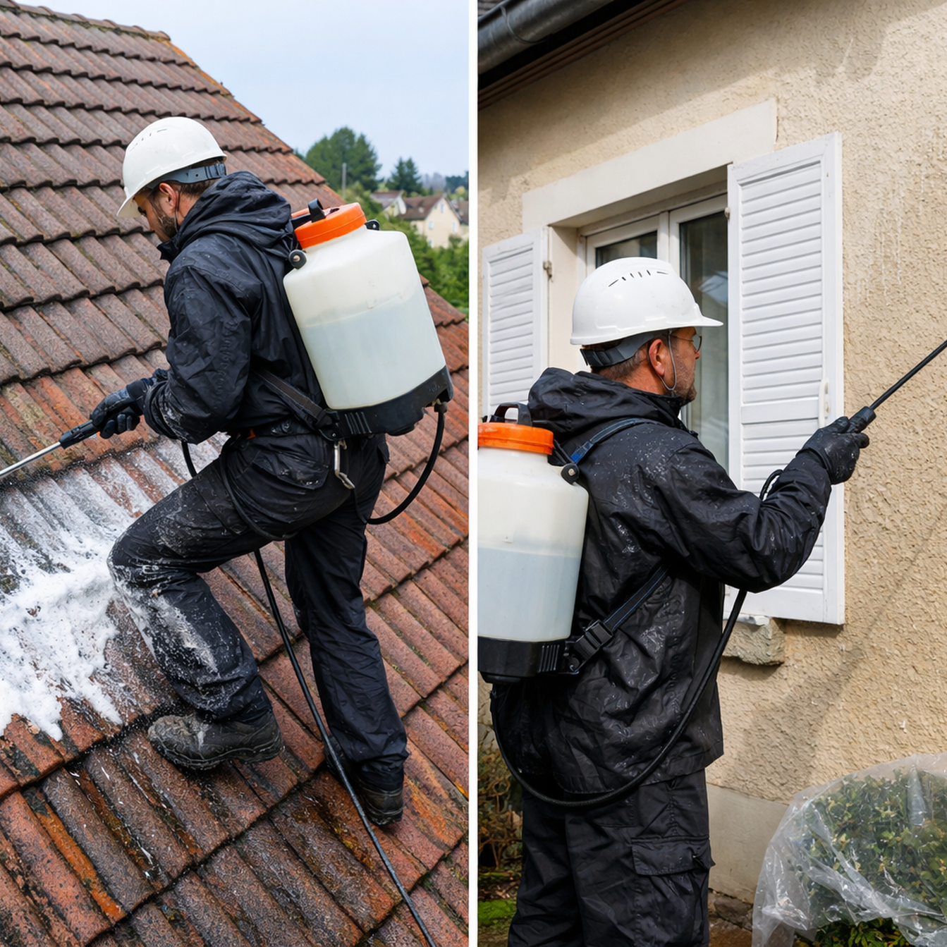 Technicien équipé d’un pulvérisateur traite un toit et la façade d’une maison